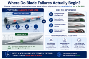Infographic comparing static wind turbine blade inspection (periodic, reactive, subjective) versus real-time production monitoring (continuous, proactive, objective, AI-driven) to highlight the shift needed for preventing manufacturing defects in modern wind farms.