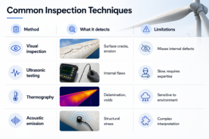 Table comparing limitations of traditional wind blade inspection techniques like Visual Inspection, UT, Thermography, and acoustic emission.